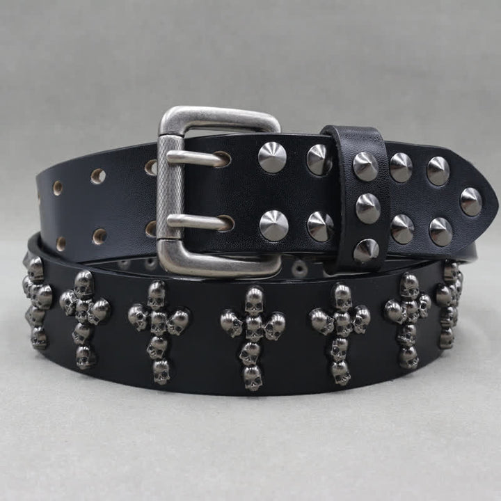 Cross Shape Skull Heads Rivets Double Pin Leather Belt - image 1