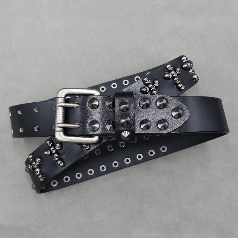 Cross Shape Skull Heads Rivets Double Pin Leather Belt - image 3