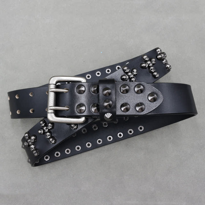 Cross Shape Skull Heads Rivets Double Pin Leather Belt - image 3