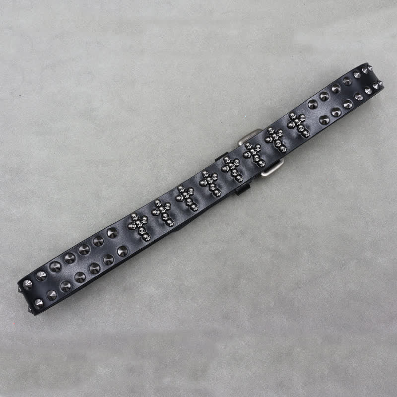 Cross Shape Skull Heads Rivets Double Pin Leather Belt - image 6