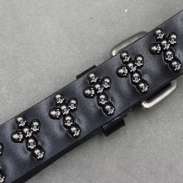 Cross Shape Skull Heads Rivets Double Pin Leather Belt - image 7