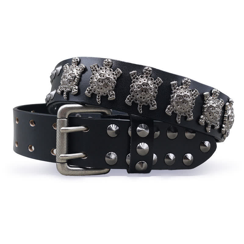Three-Dimensional Metal Turtle Rivets Double Pin Leather Belt - Black - 44 - image 0