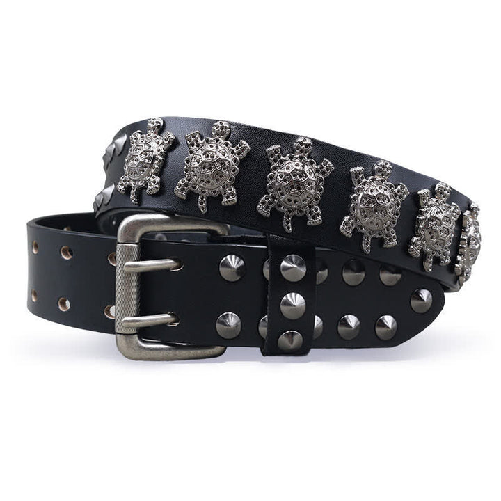 Three-Dimensional Metal Turtle Rivets Double Pin Leather Belt - Black - 44 - image 0