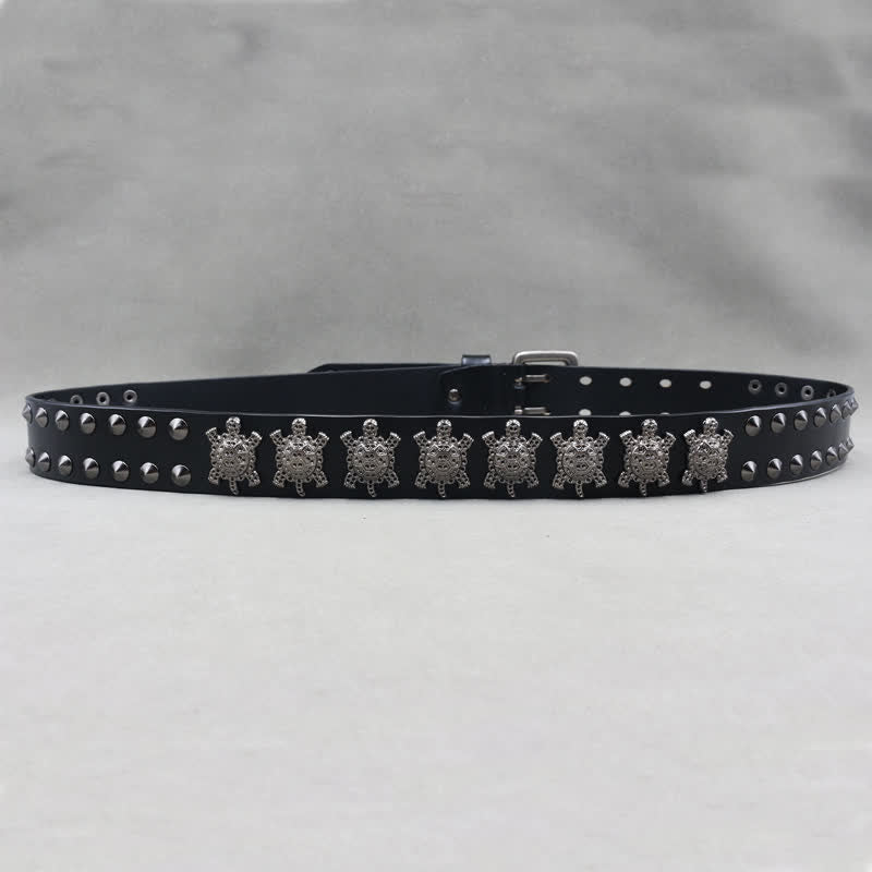 Three-Dimensional Metal Turtle Rivets Double Pin Leather Belt - image 5