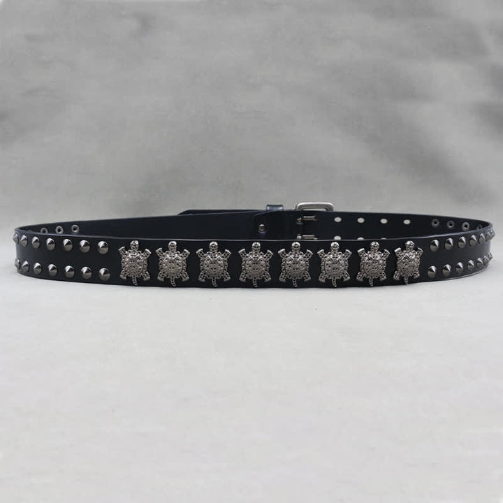 Three-Dimensional Metal Turtle Rivets Double Pin Leather Belt - image 5