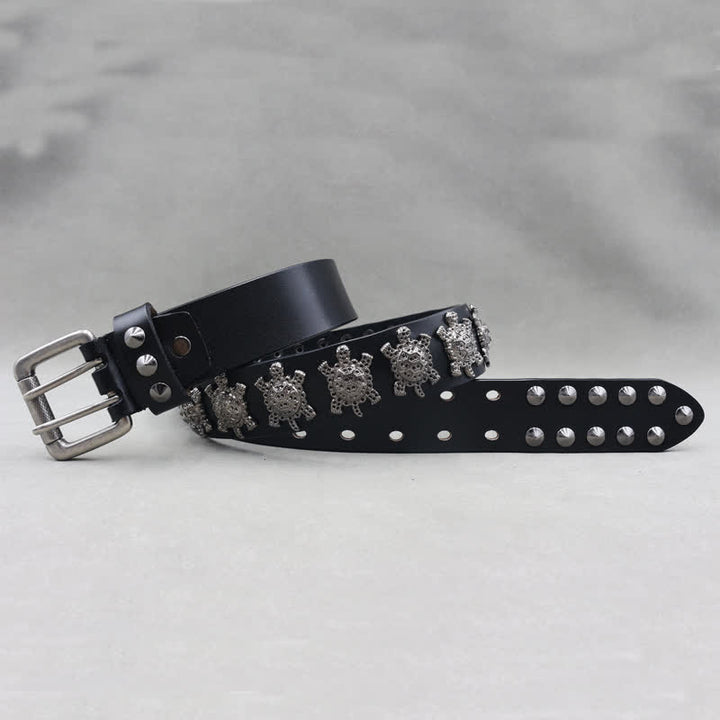 Three-Dimensional Metal Turtle Rivets Double Pin Leather Belt - image 3
