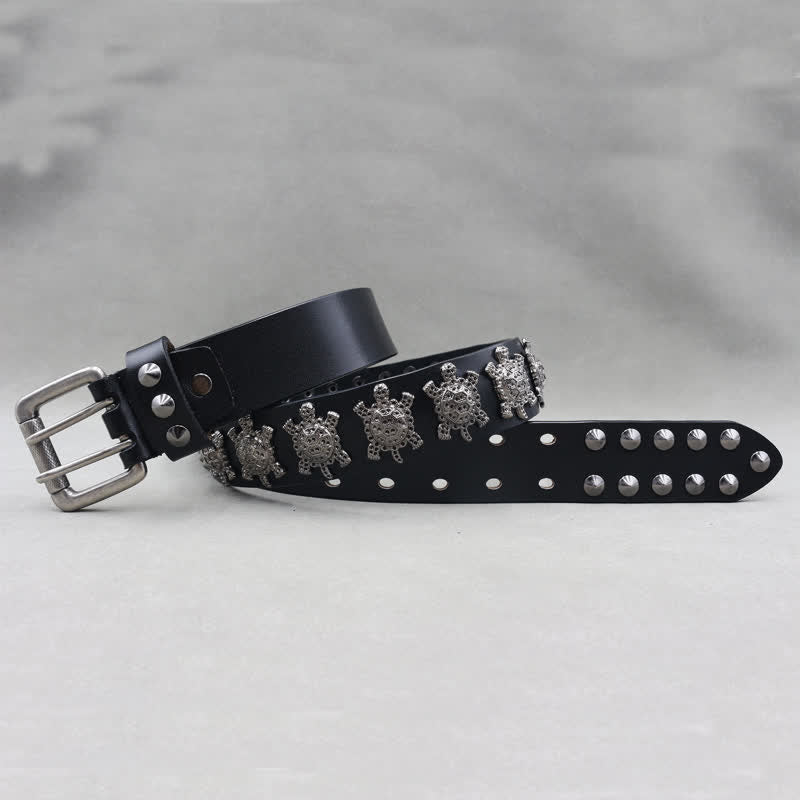 Three-Dimensional Metal Turtle Rivets Double Pin Leather Belt - image 3