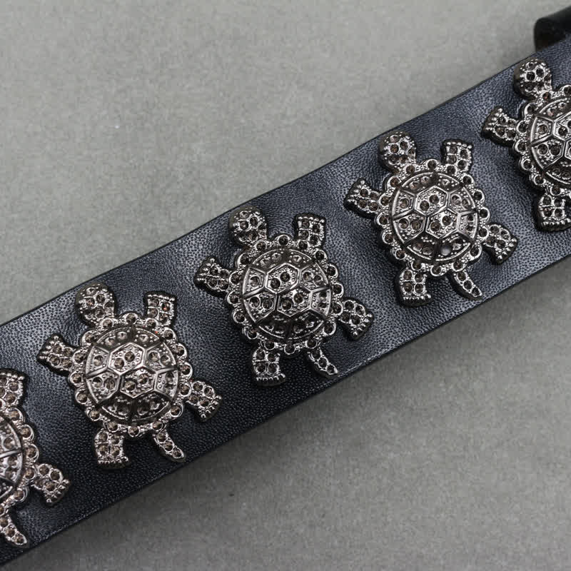 Three-Dimensional Metal Turtle Rivets Double Pin Leather Belt - image 7