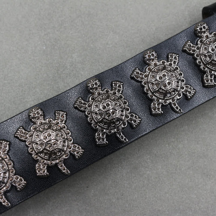 Three-Dimensional Metal Turtle Rivets Double Pin Leather Belt - image 7