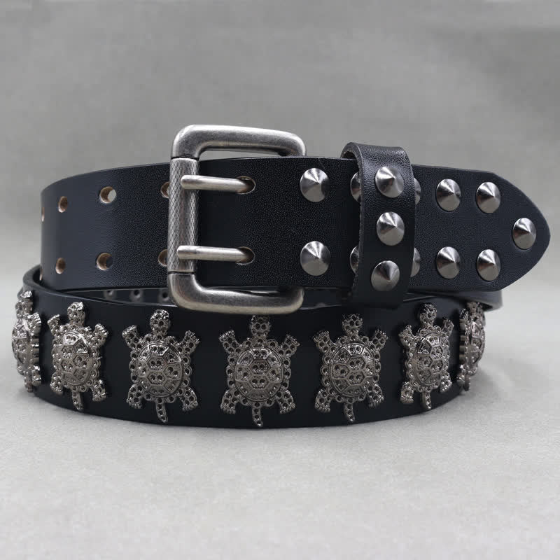 Three-Dimensional Metal Turtle Rivets Double Pin Leather Belt - image 1