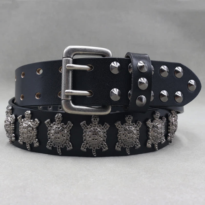 Three-Dimensional Metal Turtle Rivets Double Pin Leather Belt - image 1