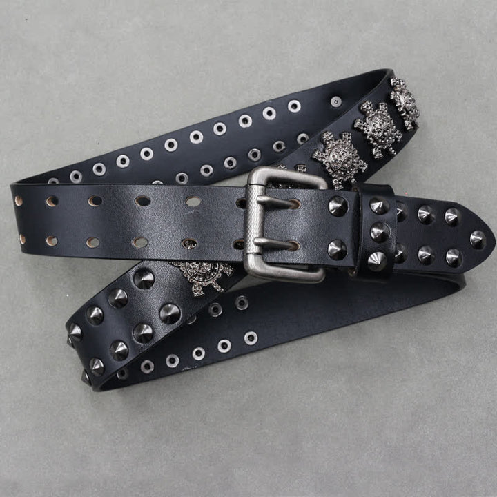 Three-Dimensional Metal Turtle Rivets Double Pin Leather Belt - image 2