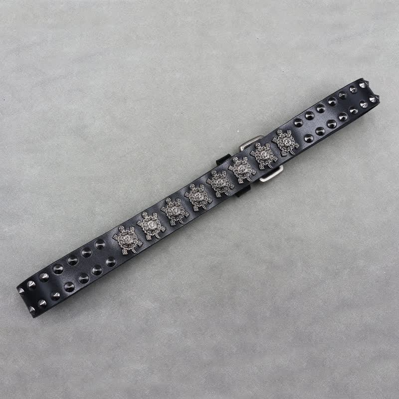 Three-Dimensional Metal Turtle Rivets Double Pin Leather Belt - image 6