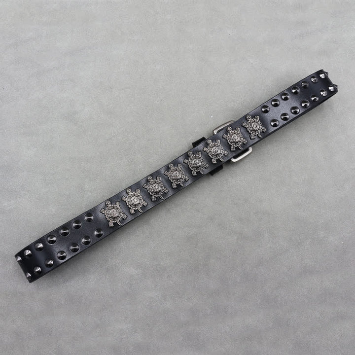 Three-Dimensional Metal Turtle Rivets Double Pin Leather Belt - image 6