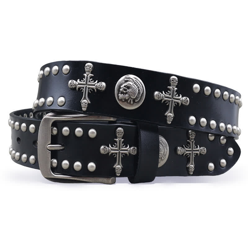 Cross Skull Rivets Double Pin Leather Belt - Black - 44 - image 0