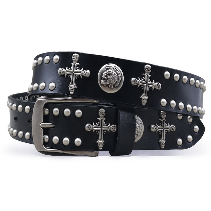 Cross Skull Rivets Double Pin Leather Belt - Black - 44 - image 0