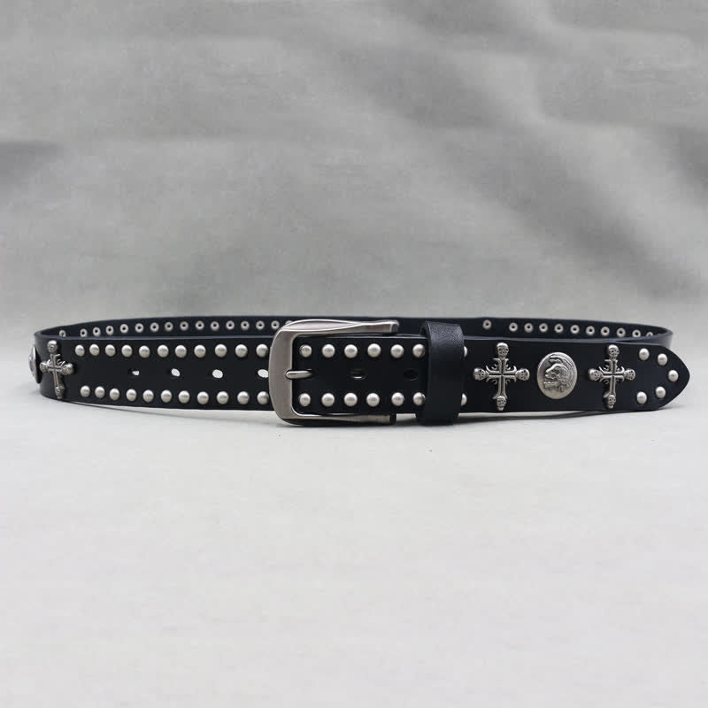Cross Skull Rivets Double Pin Leather Belt - image 5