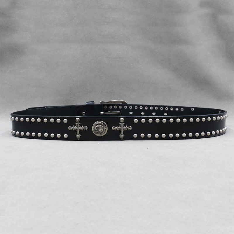 Cross Skull Rivets Double Pin Leather Belt - image 6