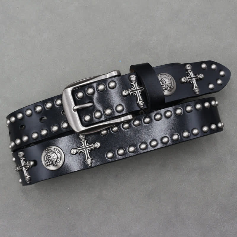 Cross Skull Rivets Double Pin Leather Belt - image 4