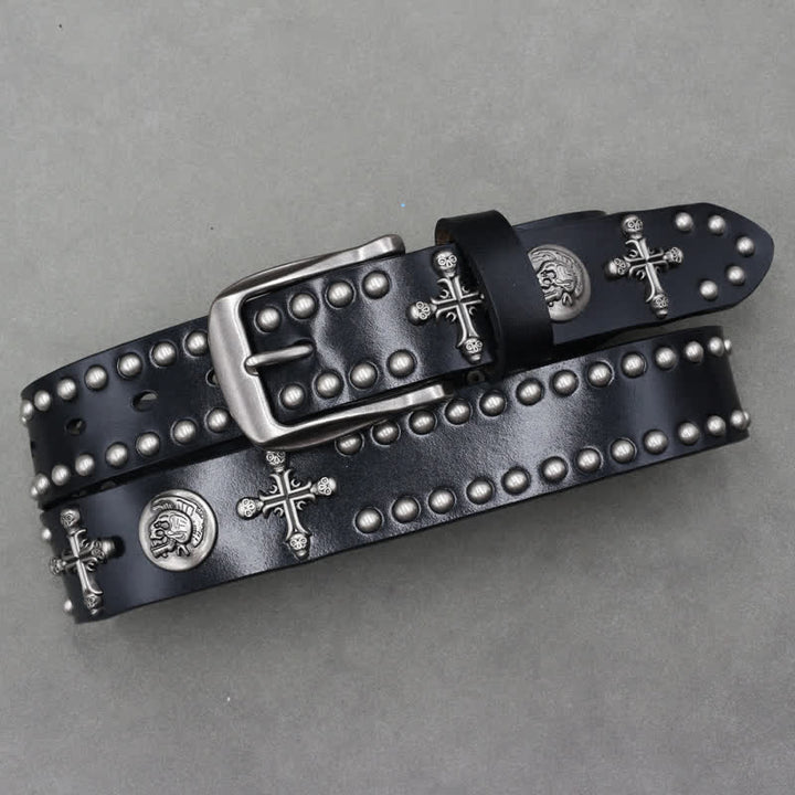 Cross Skull Rivets Double Pin Leather Belt - image 4
