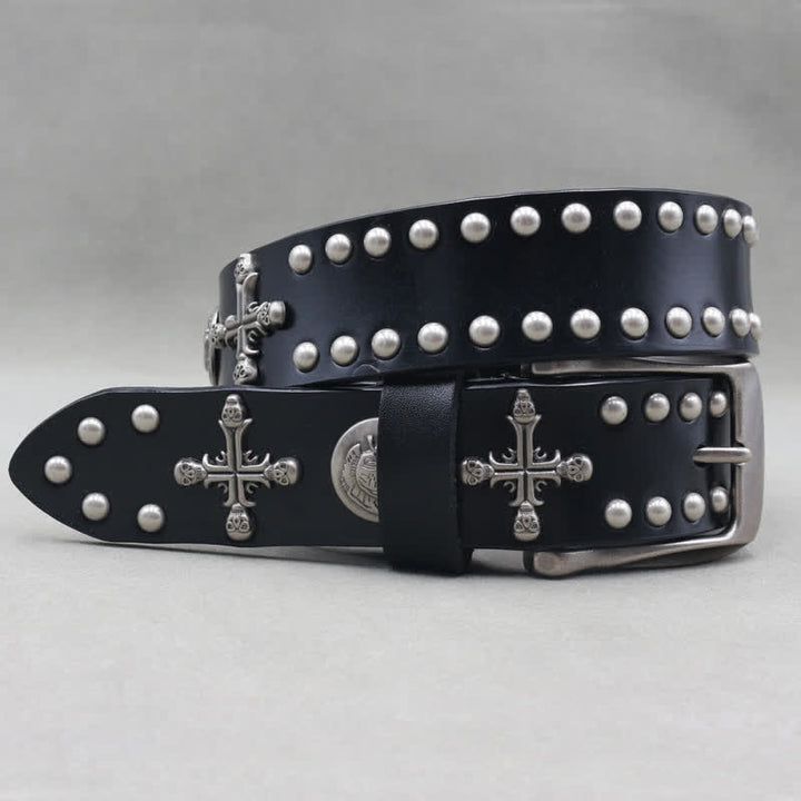 Cross Skull Rivets Double Pin Leather Belt - image 1