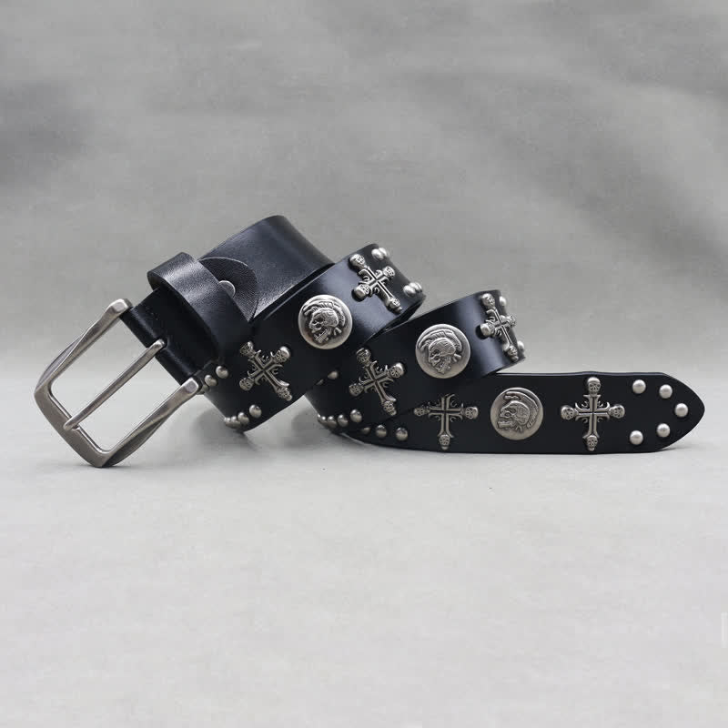 Cross Skull Rivets Double Pin Leather Belt - image 2