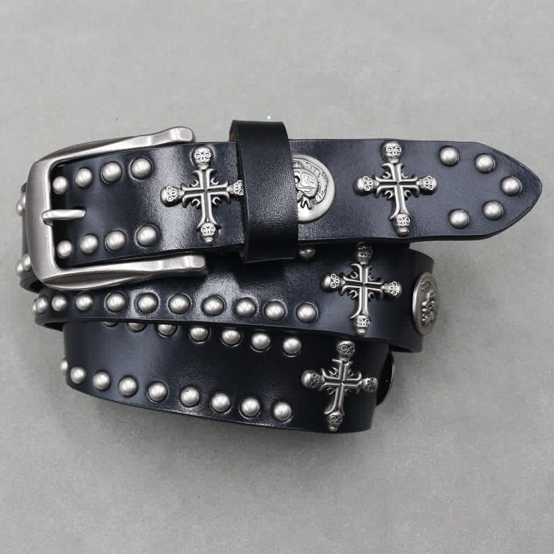 Cross Skull Rivets Double Pin Leather Belt - image 3