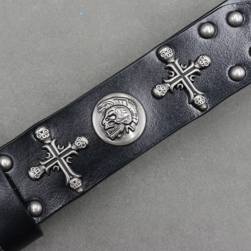 Cross Skull Rivets Double Pin Leather Belt - image 7