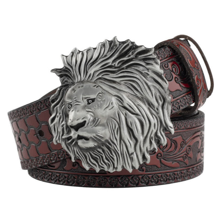 Lion Head Embossed Office Wear Leather Belt - Brown / Silver - 46 - image 12
