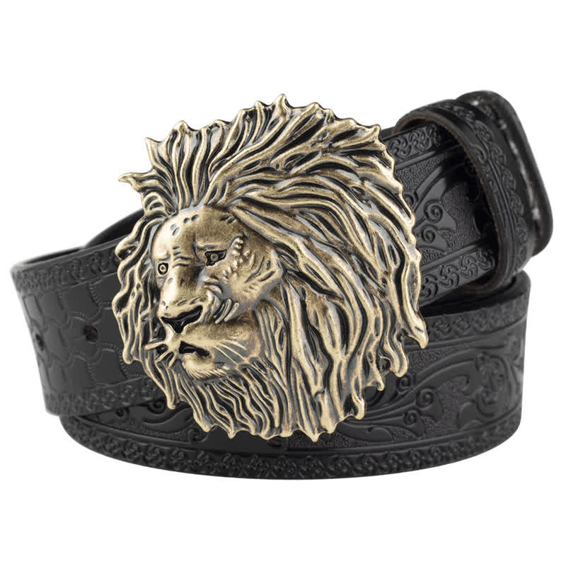 Lion Head Embossed Office Wear Leather Belt - Black / Bronze - 46 - image 9