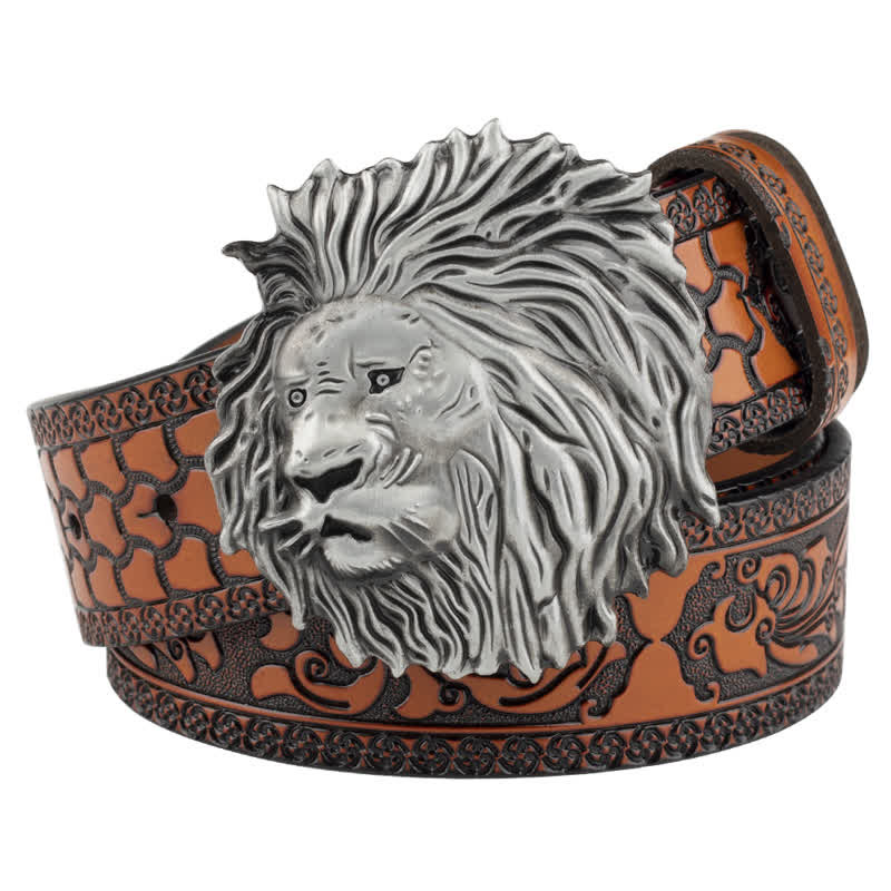 Lion Head Embossed Office Wear Leather Belt - Orange / Silver - 46 - image 0