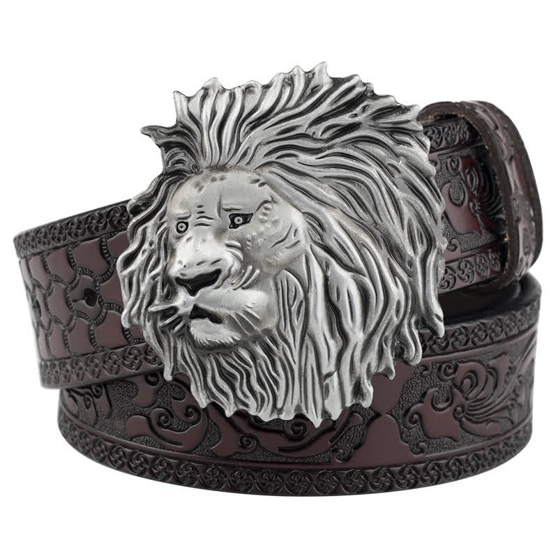 Lion Head Embossed Office Wear Leather Belt - Coffee / Silver - 46 - image 10