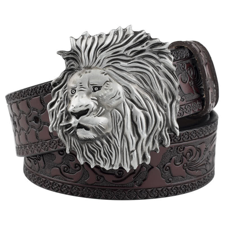 Lion Head Embossed Office Wear Leather Belt - Coffee / Silver - 46 - image 10