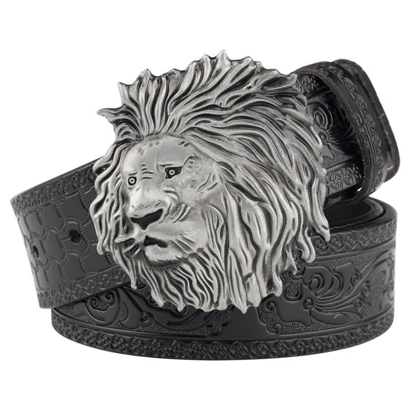 Lion Head Embossed Office Wear Leather Belt - Black / Silver - 46 - image 8