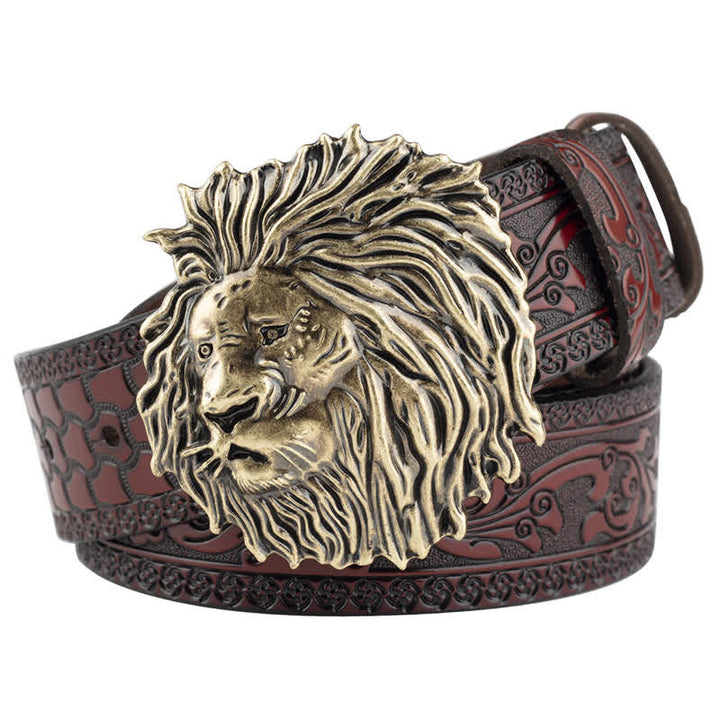 Lion Head Embossed Office Wear Leather Belt - Brown / Bronze - 46 - image 13