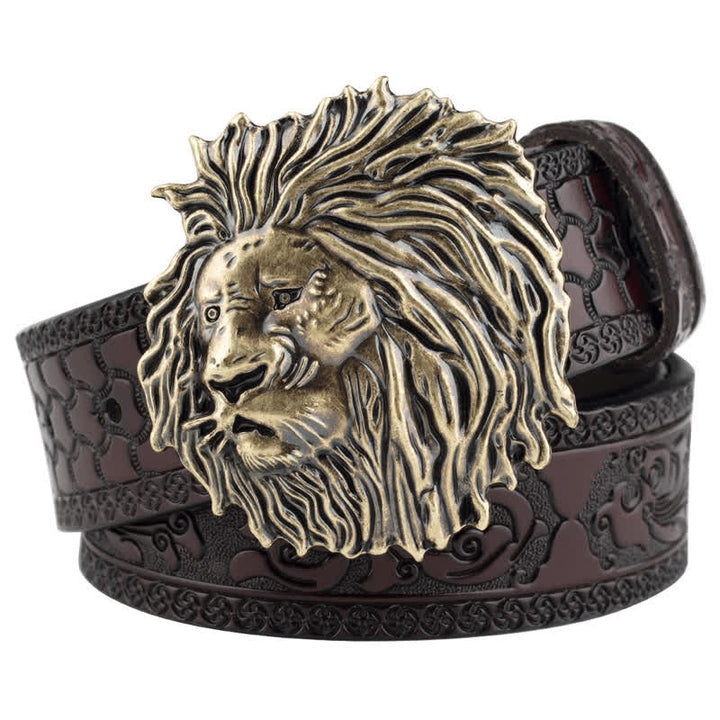 Lion Head Embossed Office Wear Leather Belt - Coffee / Bronze - 46 - image 11