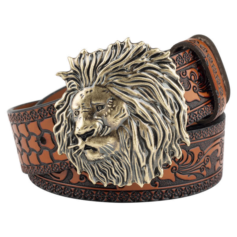 Lion Head Embossed Office Wear Leather Belt - Orange / Bronze - 46 - image 6