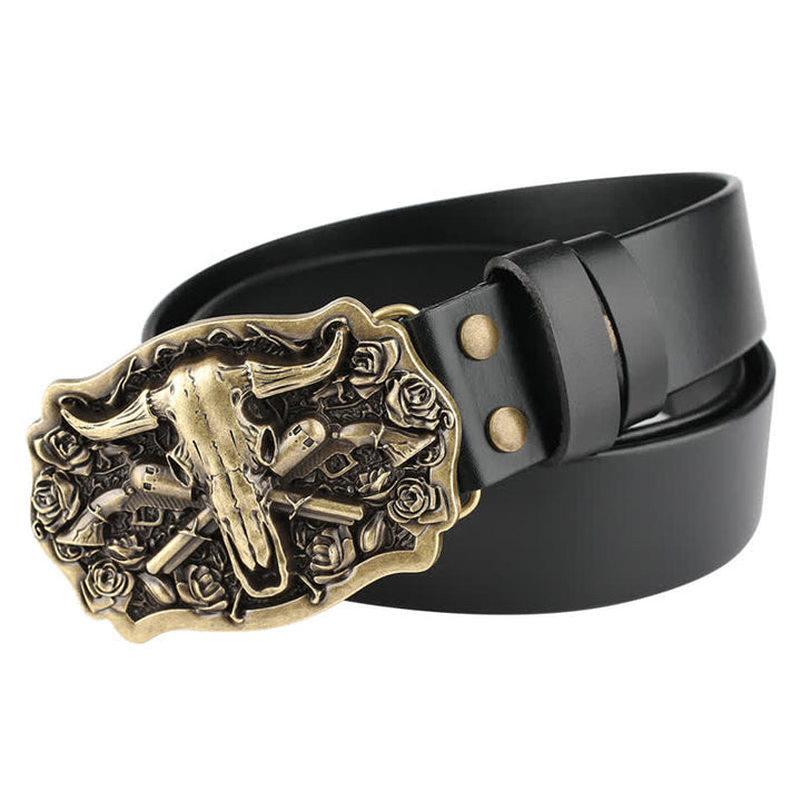 Rodeo Bronze Longhorn Bull Head Leather Belt - Bull & Gun - 46 - image 0