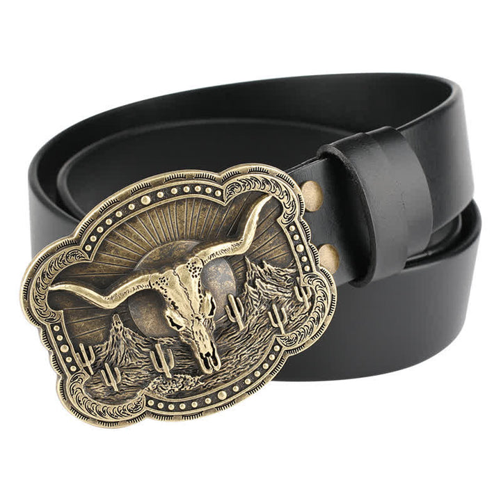 Rodeo Bronze Longhorn Bull Head Leather Belt - Bull & Mountain - 46 - image 2