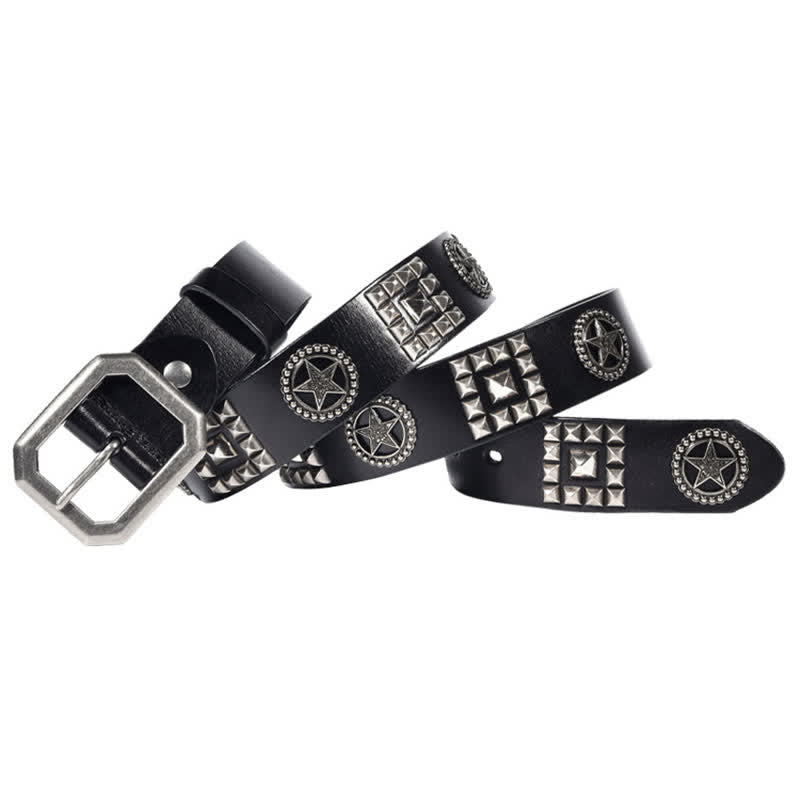 Metal Star Rivet Studded Punk Biker Leather Belt - Black - 44 - image 4
