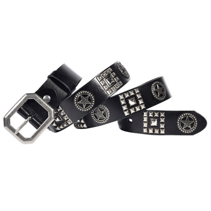 Metal Star Rivet Studded Punk Biker Leather Belt - Black - 44 - image 4