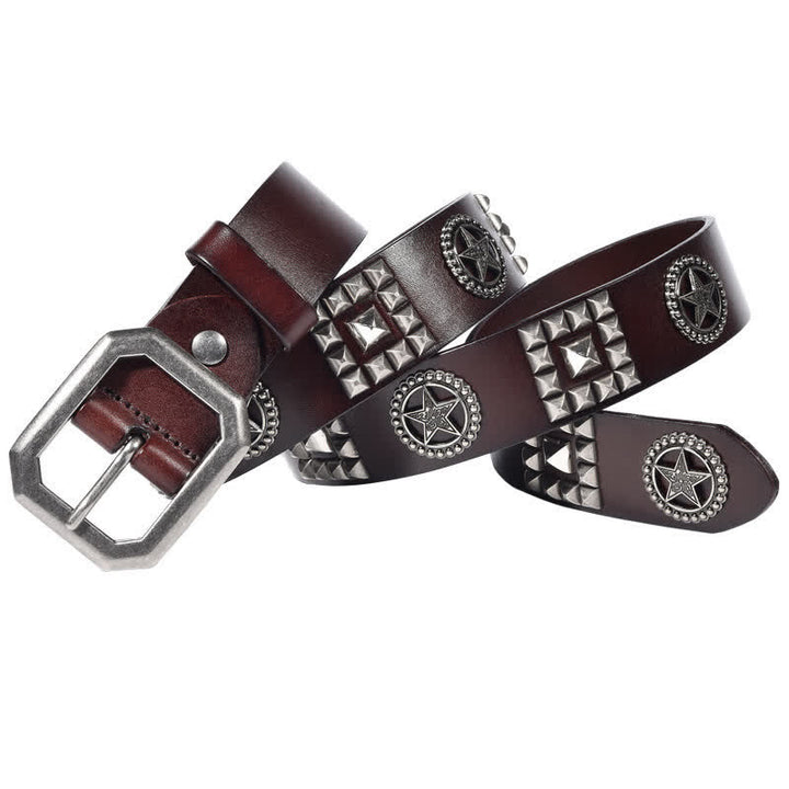 Metal Star Rivet Studded Punk Biker Leather Belt - Brown - 44 - image 2