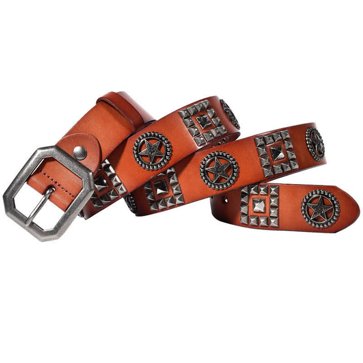 Metal Star Rivet Studded Punk Biker Leather Belt - Orange - 44 - image 13