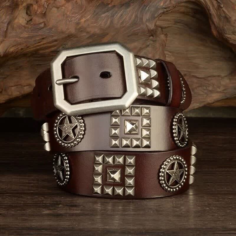 Metal Star Rivet Studded Punk Biker Leather Belt - image 0