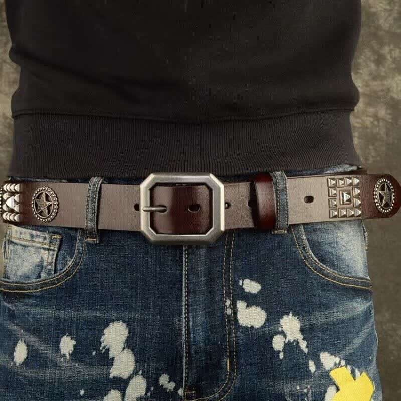 Metal Star Rivet Studded Punk Biker Leather Belt - image 1