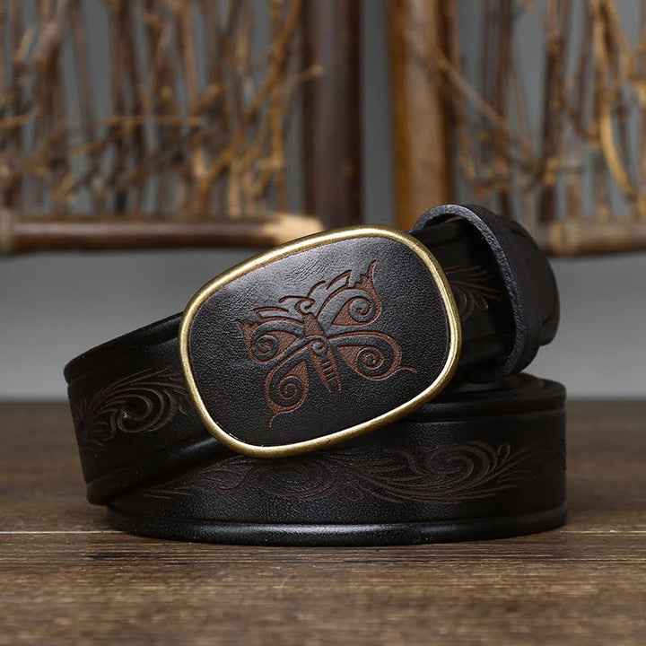 Butterfly Print Luxury Thick Retro Leather Belt - Black - 46 - image 7