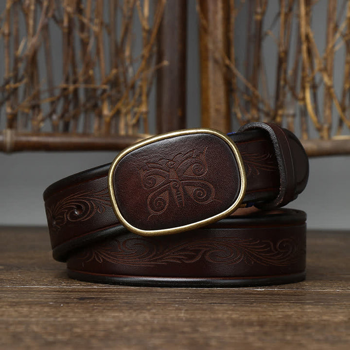Butterfly Print Luxury Thick Retro Leather Belt - Coffee - 46 - image 4