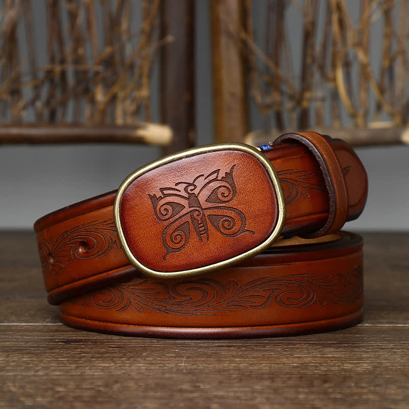 Butterfly Print Luxury Thick Retro Leather Belt - Orange - 46 - image 0