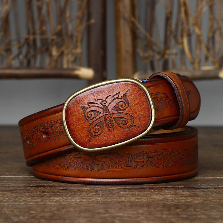 Butterfly Print Luxury Thick Retro Leather Belt - Orange - 46 - image 0
