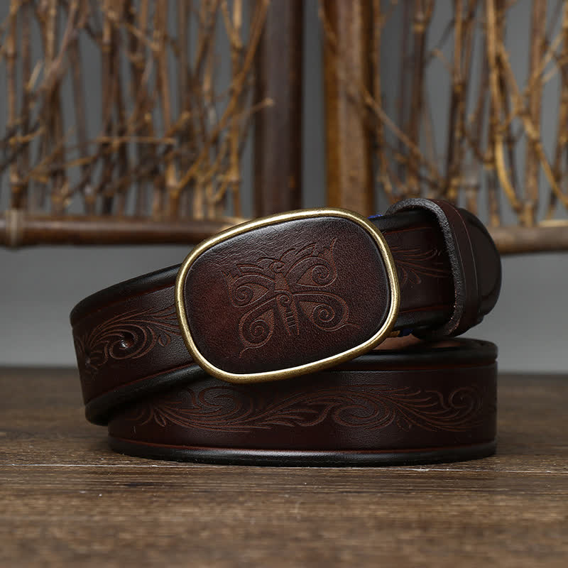 Butterfly Print Luxury Thick Retro Leather Belt - Coffee - 46 - image 4
